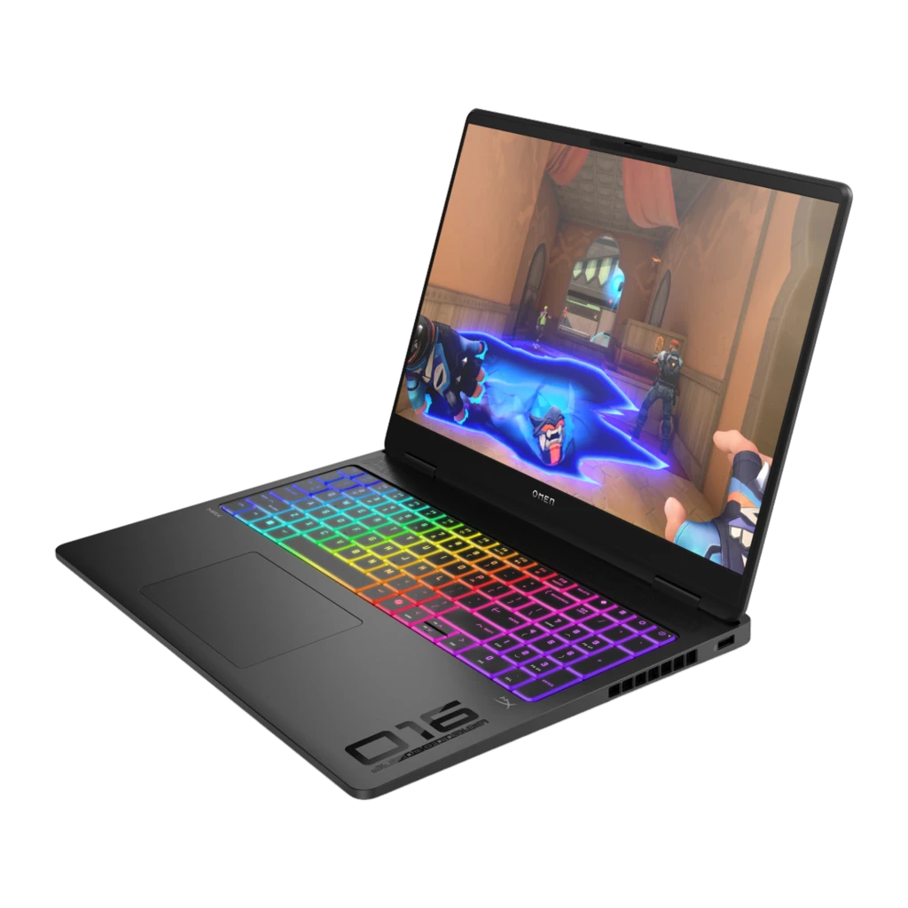 HP OMEN MAX Gaming 16 1000GB preto, vista frontal: ecrã com jogo FPS e teclado RGB multicolor iluminado - Item1