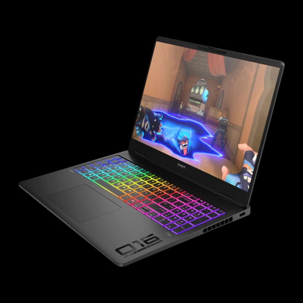 HP OMEN MAX Gaming 16 1TB noir, vue avant 3/4: clavier RGB multicolore, écran avec jeu vidéo et logo OMEN