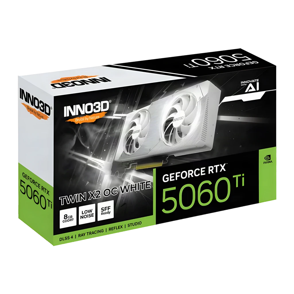 Inno3D GeForce RTX 5060 Twin X2 OC White 8GB blanco, vista con caja: tarjeta en ángulo frontal con dos ventiladores junto - Ítem2