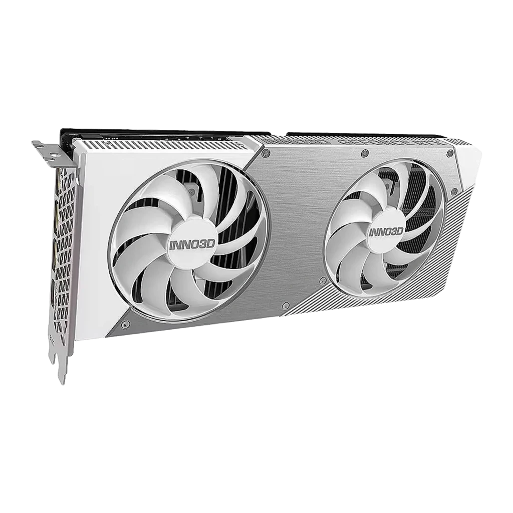 Inno3D GeForce RTX 5060 Twin X2 OC White 8GB blanco, vista con caja: tarjeta en ángulo frontal con dos ventiladores junto - Ítem1