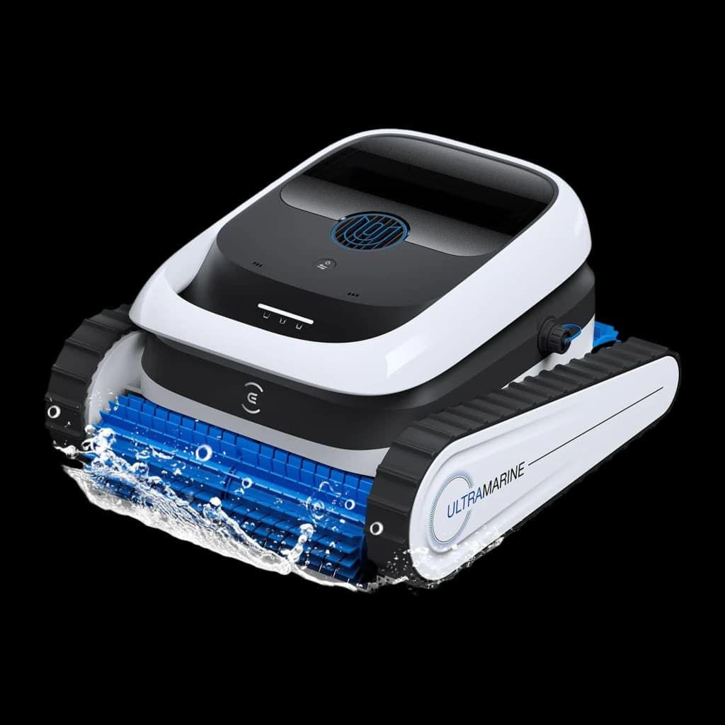 Ecovacs Ultramarine P1 blanc, vue en perspective: brosse bleue avant avec éclaboussure d'eau et chenilles latérales