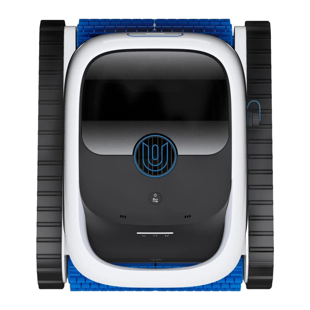Ecovacs Ultramarine P1 blanc, vue en perspective: brosse bleue avant avec éclaboussure d'eau et chenilles latérales - Ítem1