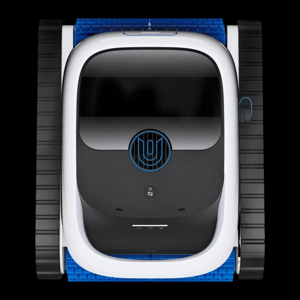 Ecovacs Ultramarine P1 blanc, vue de dessus: panneau de commande noir avec logo bleu, brosse bleue et chenilles noires