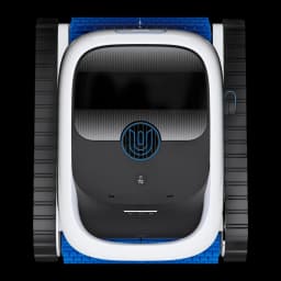 Ecovacs Ultramarine P1 blanc, vue de dessus: panneau de commande noir avec logo bleu, brosse bleue et chenilles noires