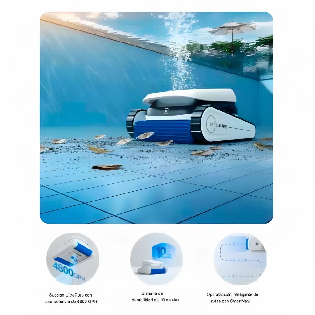 Ecovacs Ultramarine P1 blanc, vue en perspective: brosse bleue avant avec éclaboussure d'eau et chenilles latérales - Ítem4