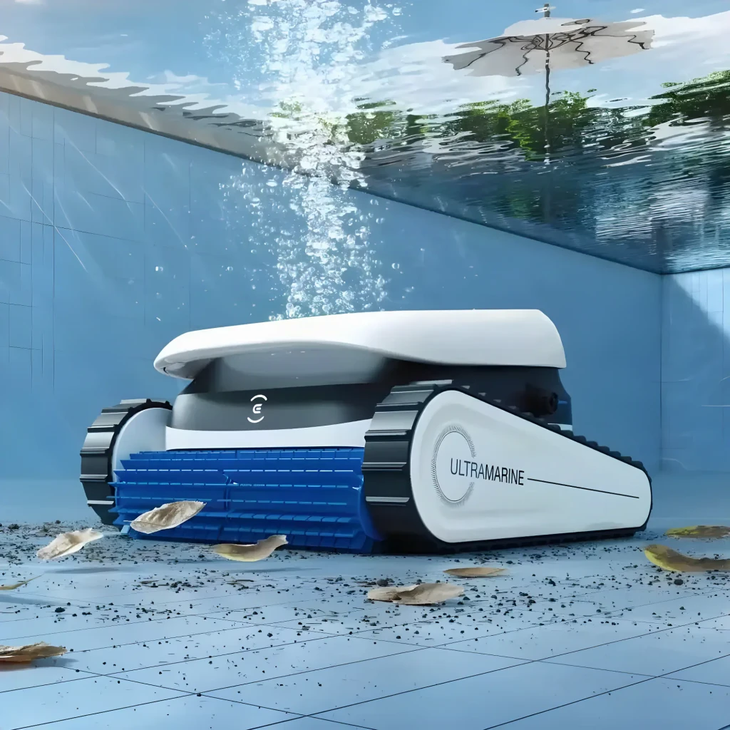 Ecovacs Ultramarine P1 blanc, vue en perspective: brosse bleue avant avec éclaboussure d'eau et chenilles latérales - Ítem5
