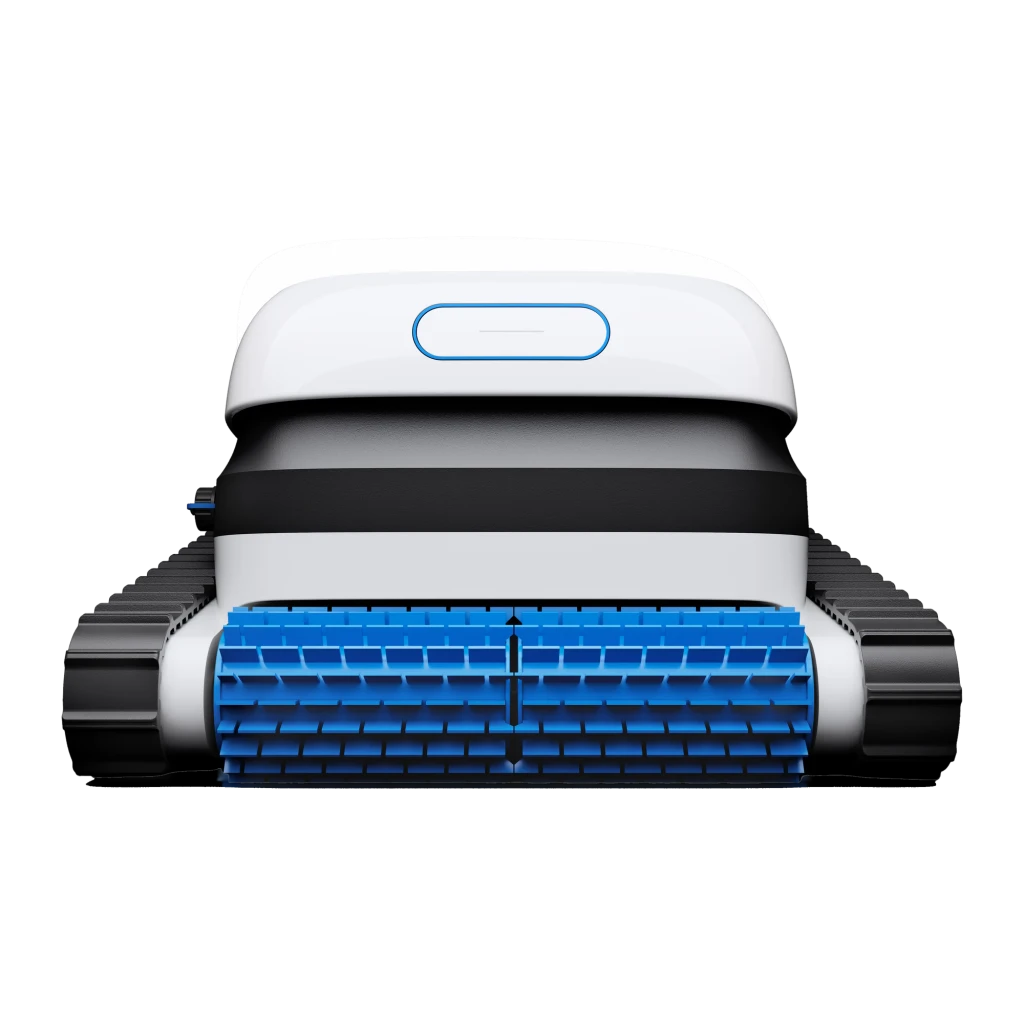 Ecovacs Ultramarine P1 blanc, vue en perspective: brosse bleue avant avec éclaboussure d'eau et chenilles latérales - Ítem2