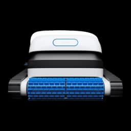 Ecovacs Ultramarine P1 blanc, vue avant: brosse bleue double, chenilles latérales et bouton ovale sur le capot supérieur
