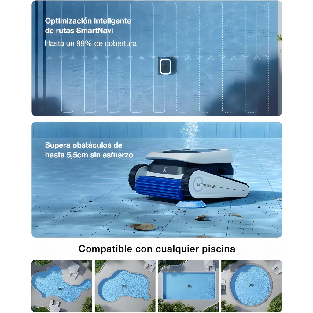 Ecovacs Ultramarine P1 blanc, vue en perspective: brosse bleue avant avec éclaboussure d'eau et chenilles latérales - Ítem9