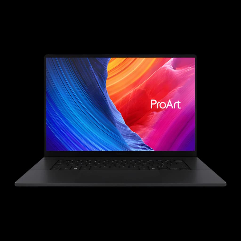 ASUS ProArt P16 H7606WP 2000GB negro, vista frontal: pantalla OLED 16" con wallpaper ProArt y teclado negro