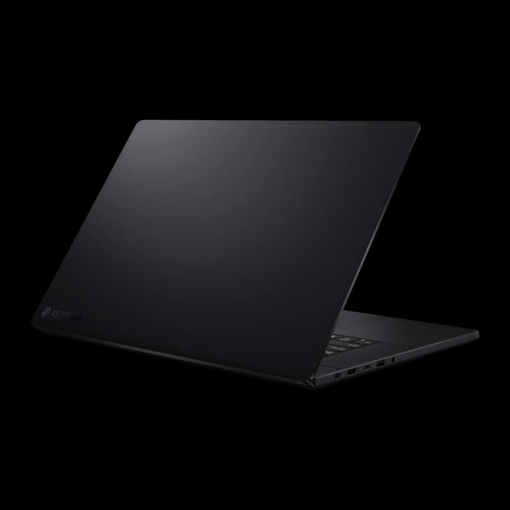 ASUS ProArt P16 H7606WP 2000GB negro, vista trasera en ángulo: tapa negra con logo ProArt y puertos laterales derechos