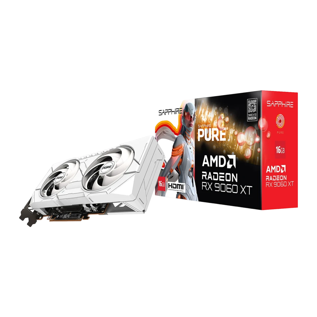 Sapphire Pure Radeon RX 9060 XT OC 16GB blanc, kit: boîte retail au premier plan et carte blanche avec ports visibles - Ítem4
