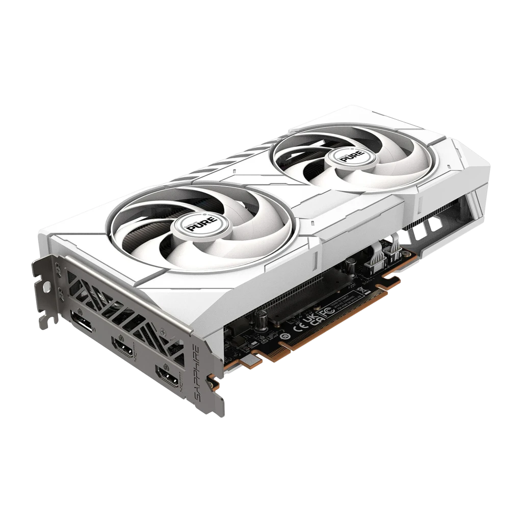Sapphire Pure Radeon RX 9060 XT OC 16GB blanc, kit: boîte retail au premier plan et carte blanche avec ports visibles - Ítem2