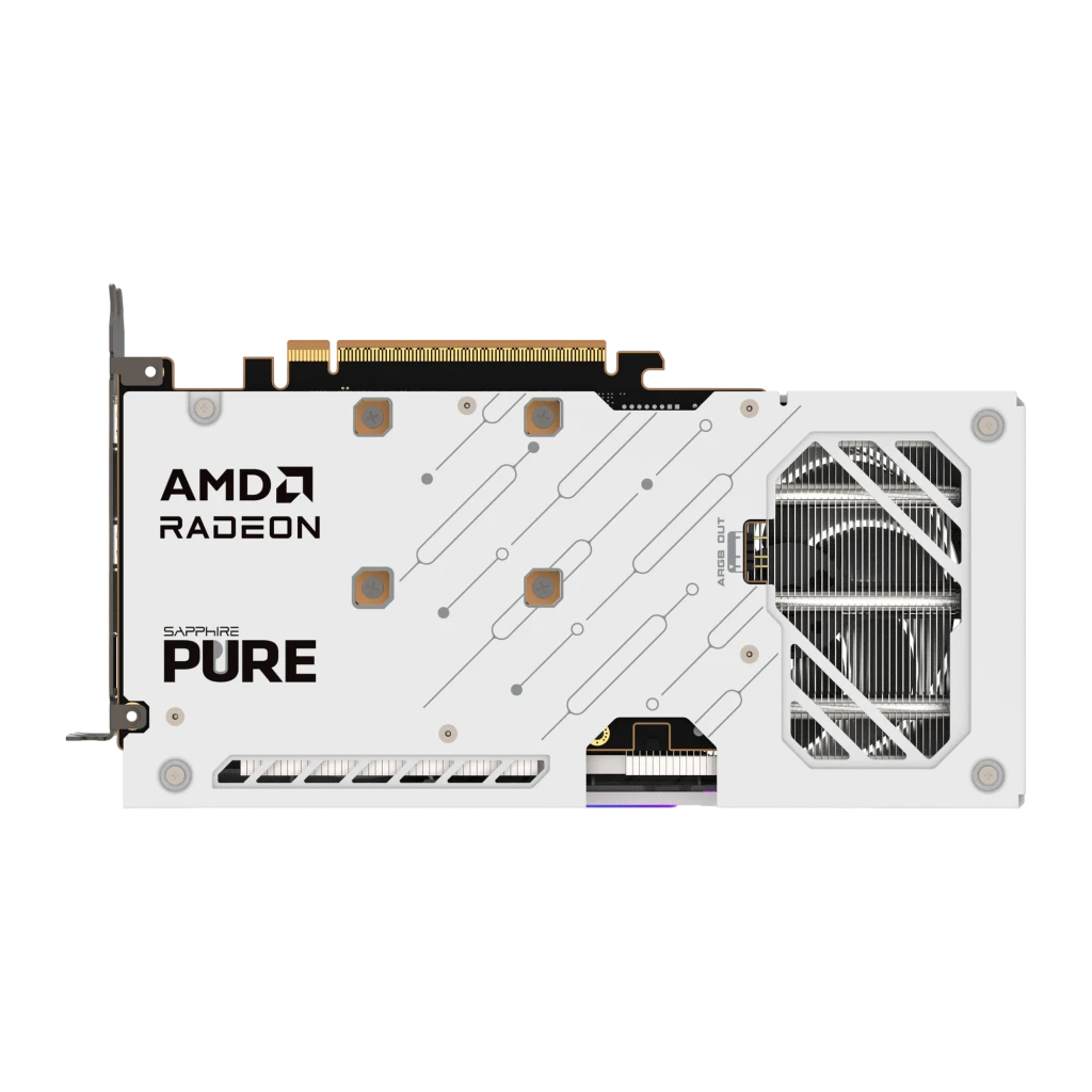 Sapphire Pure Radeon RX 9060 XT OC 16GB blanc, kit: boîte retail au premier plan et carte blanche avec ports visibles - Ítem3