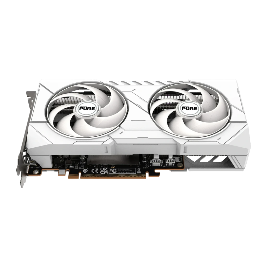 Sapphire Pure Radeon RX 9060 XT OC 16GB blanc, kit: boîte retail au premier plan et carte blanche avec ports visibles - Ítem1