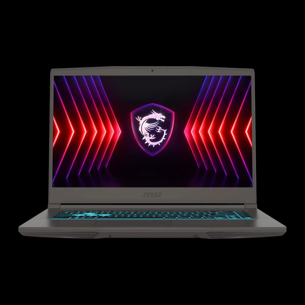 MSI Thin 15 B13UC 512GB Cosmos Gray, vista frontal: ecrã com logo dragão MSI e teclado retroiluminado azul