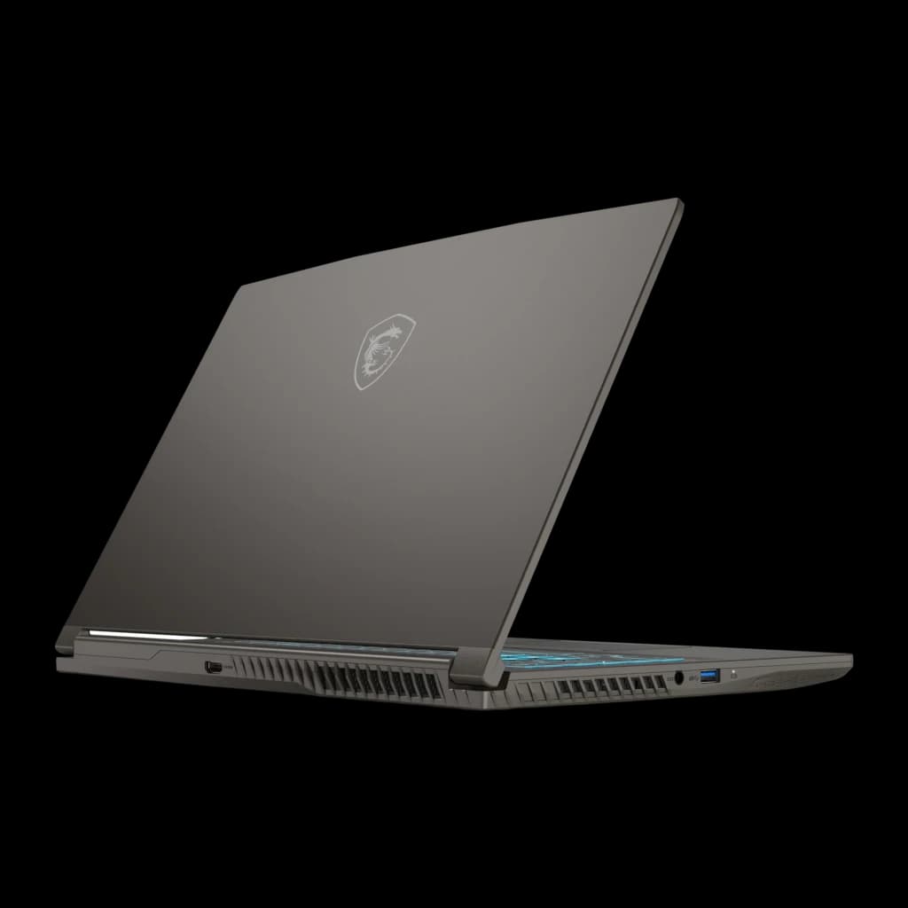 MSI Thin 15 B13UC 512GB cinza, vista traseira: tampa com logo dragão, grelhas de ventilação e portas laterais