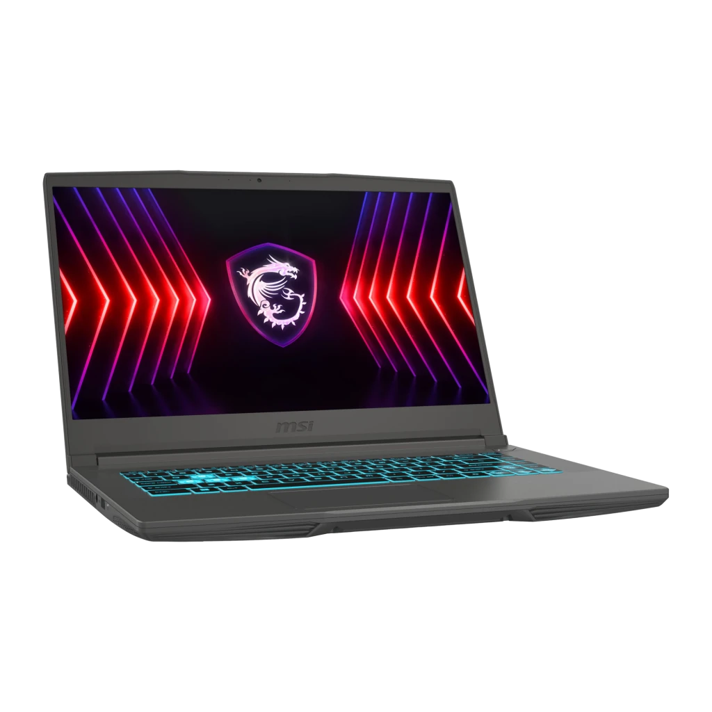 MSI Thin 15 B13UC 512GB Cosmos Gray, vue de face: écran avec logo dragon MSI et clavier rétroéclairé bleu - Ítem3