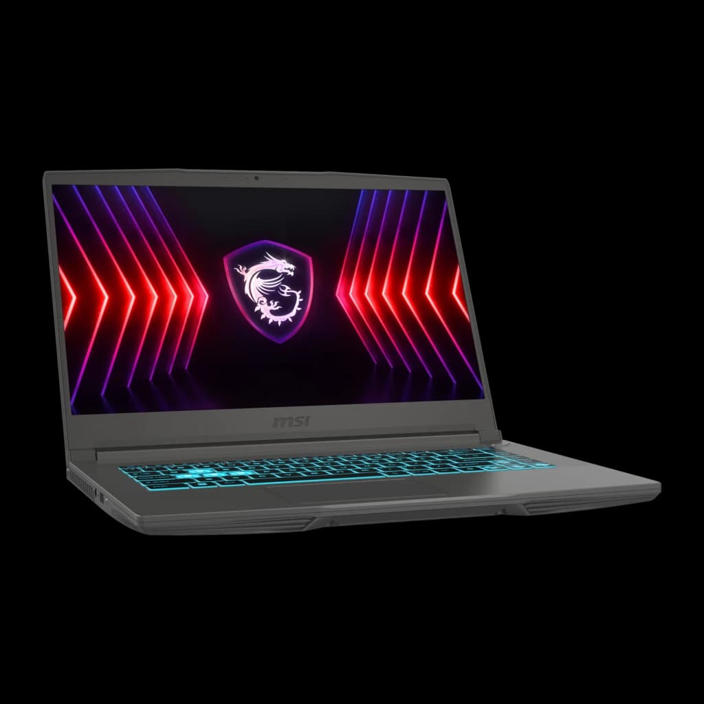MSI Thin 15 B13UC 512GB cinza, vista frontal esquerda: ecrã com logo dragão, teclado retroiluminado azul