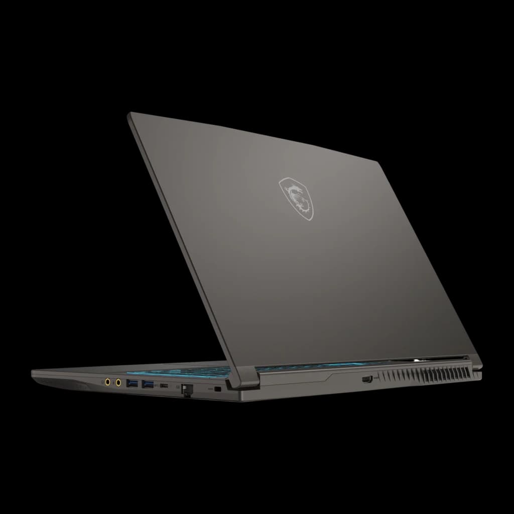 MSI Thin 15 B13UC 512GB cinza, vista traseira em ângulo: tampa com logo MSI, portas laterais e retroiluminação azul