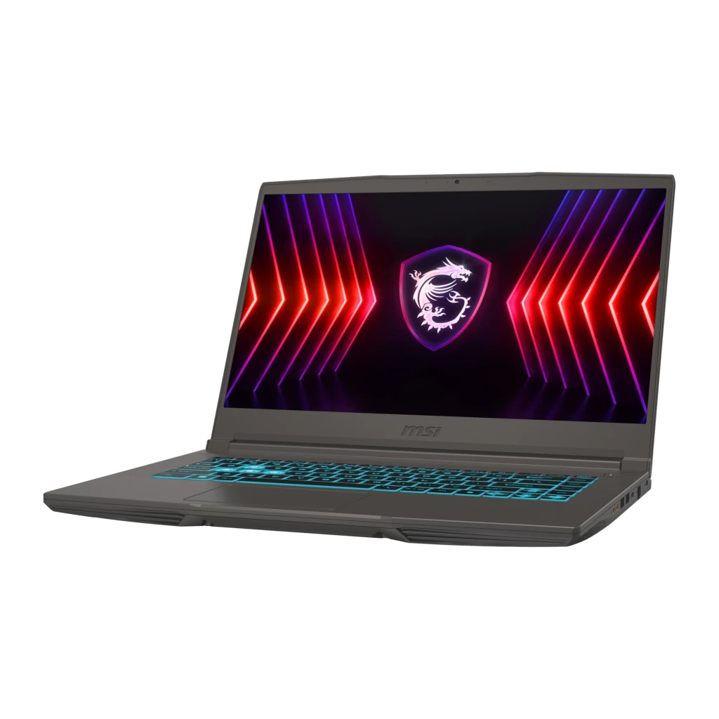 MSI Thin 15 B13UC 512GB Cosmos Gray, vue de face: écran avec logo dragon MSI et clavier rétroéclairé bleu - Ítem1