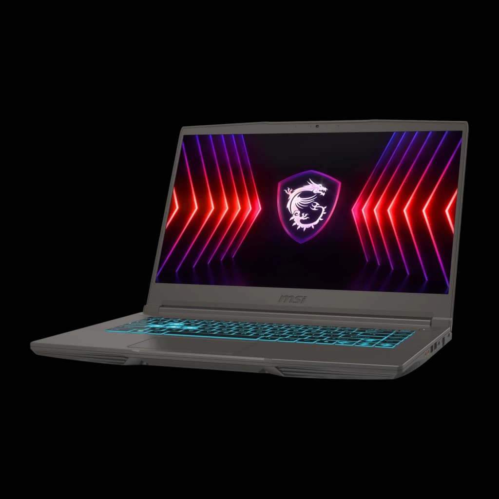 MSI Thin 15 B13UC 512GB cinza, vista frontal direita: ecrã com logo dragão, teclado retroiluminado azul