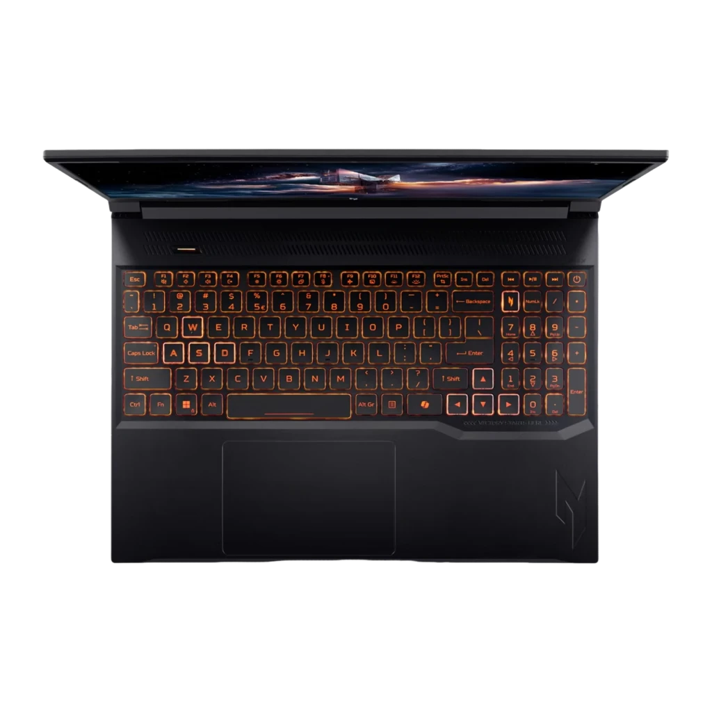 Acer Nitro V 16 AI ANV16-42 1TB preto, vista frontal: ecrã com fundo espacial e teclado retroiluminado laranja - Item3