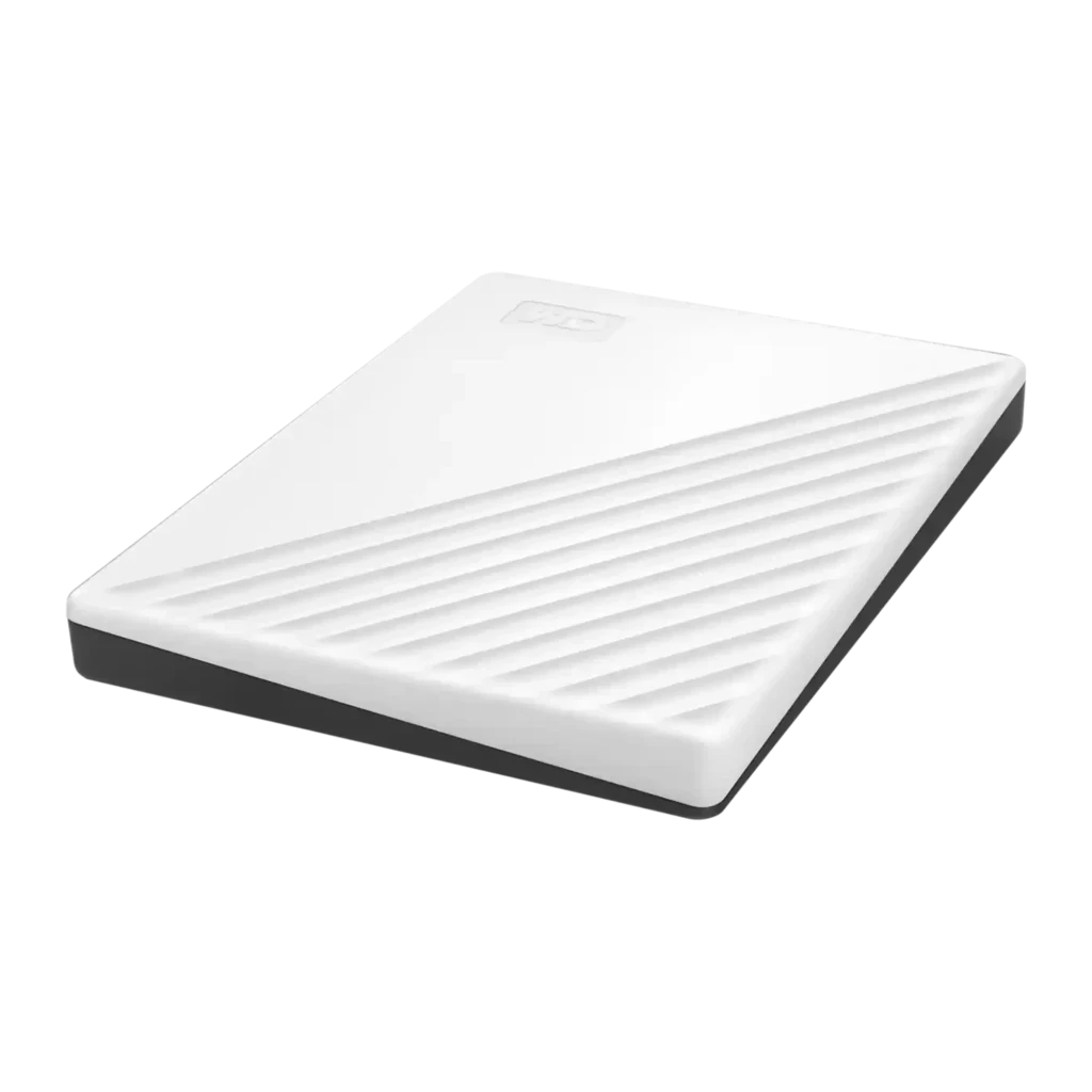 WD My Passport 2TB blanco, vista frontal: carcasa blanca con estrías diagonales y logo WD en relieve - Ítem1