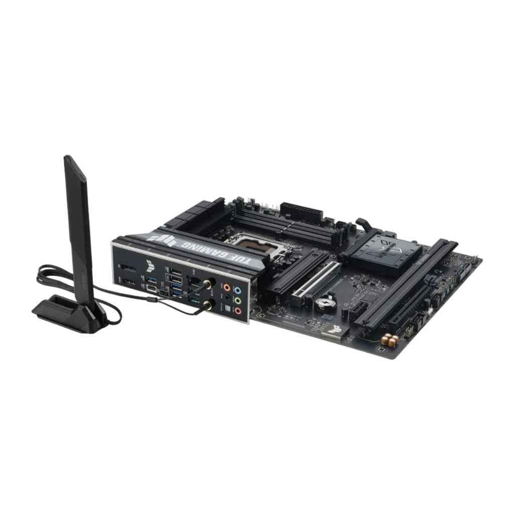 ASUS TUF Gaming B860-Plus WiFi LGA1851 preto, vista conjunto: placa-mãe, antena WiFi e caixa do produto - Item5