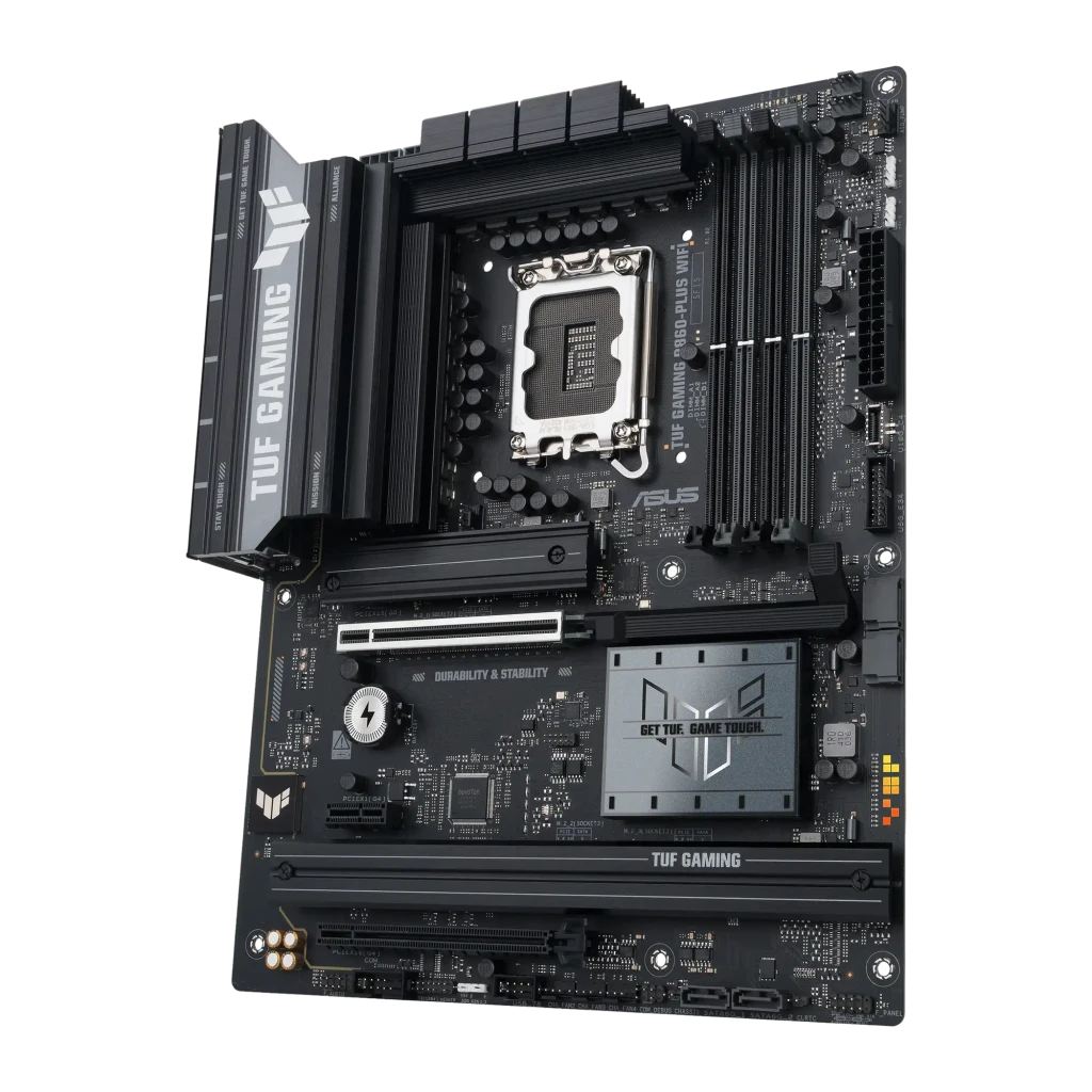 ASUS TUF Gaming B860-Plus WiFi LGA1851 preto, vista conjunto: placa-mãe, antena WiFi e caixa do produto - Item2