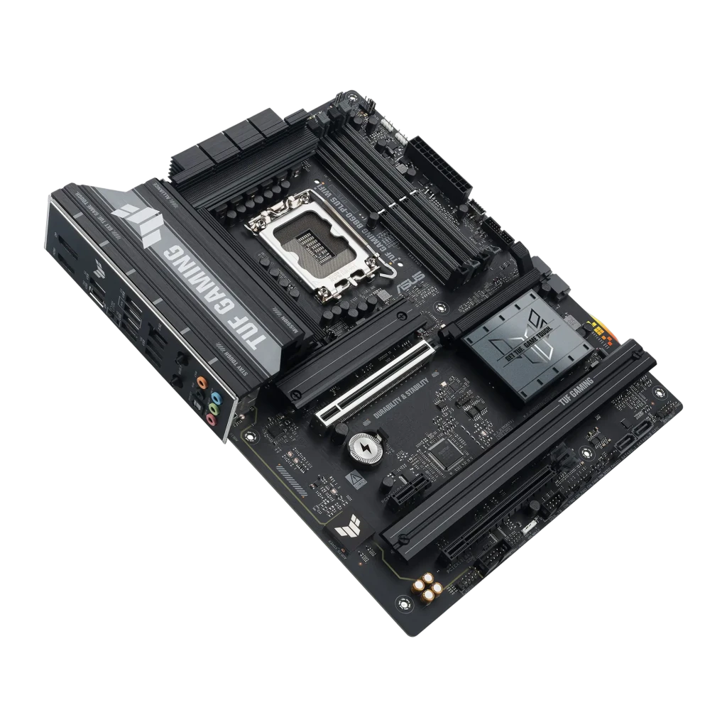 ASUS TUF Gaming B860-Plus WiFi LGA1851 preto, vista conjunto: placa-mãe, antena WiFi e caixa do produto - Item3