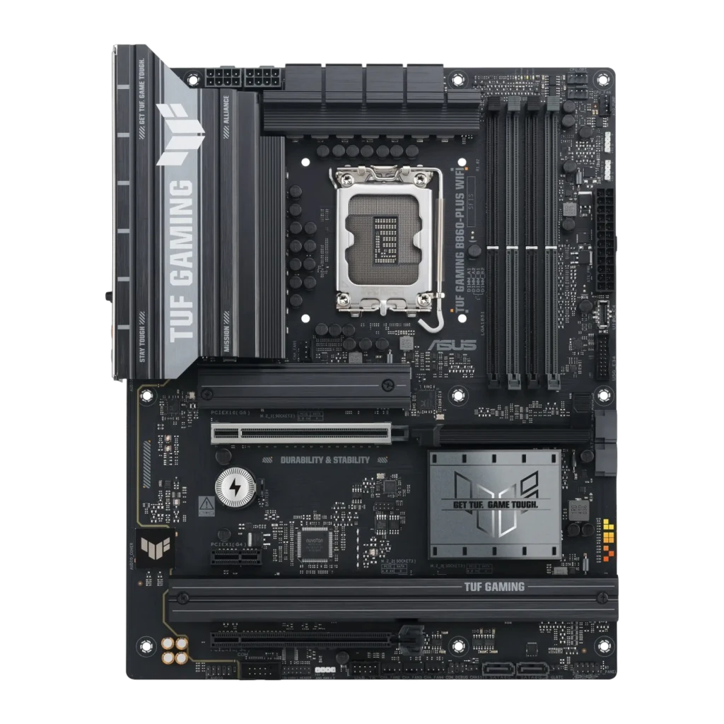ASUS TUF Gaming B860-Plus WiFi LGA1851 preto, vista conjunto: placa-mãe, antena WiFi e caixa do produto - Item4