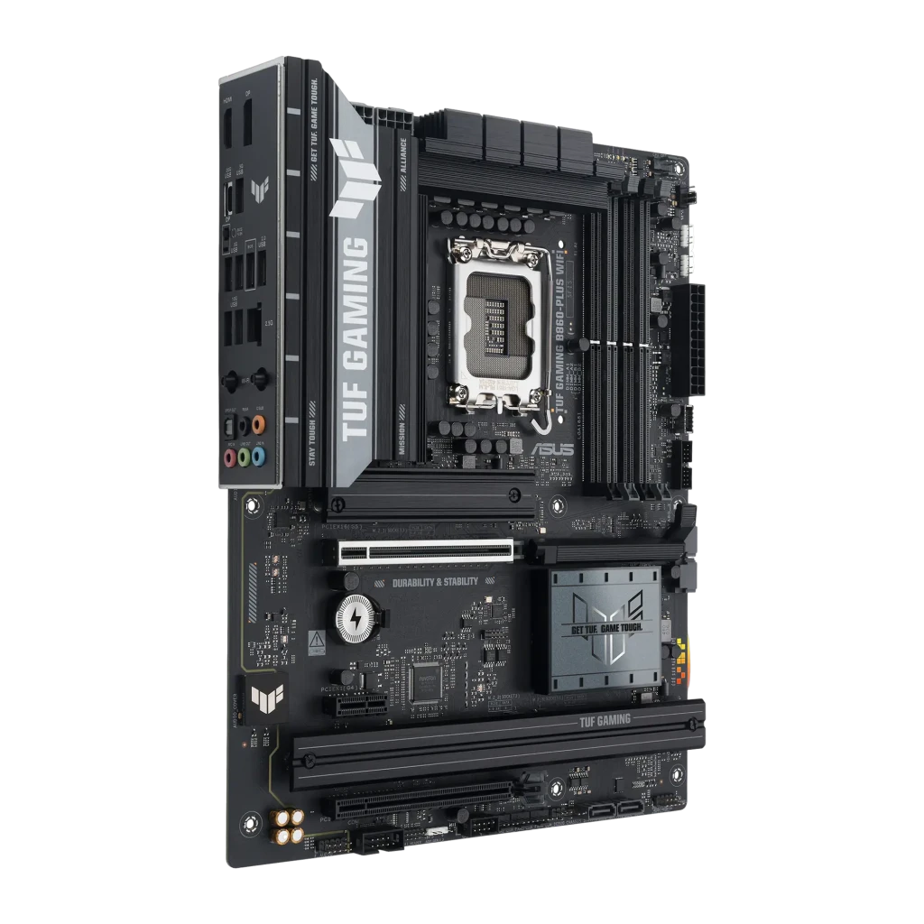 ASUS TUF Gaming B860-Plus WiFi LGA1851 preto, vista conjunto: placa-mãe, antena WiFi e caixa do produto - Item1