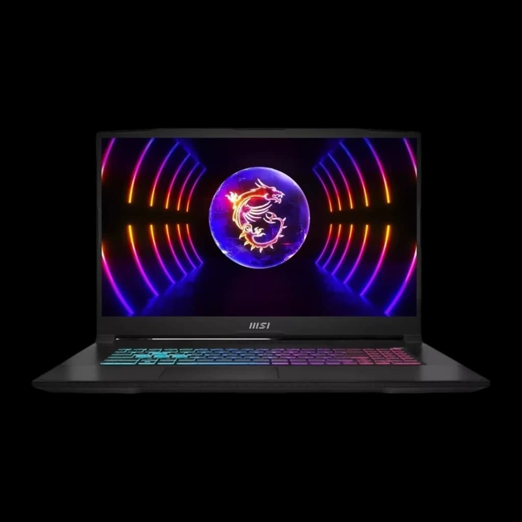 MSI Katana 17 1TB SSD noir, vue de face: écran avec logo dragon MSI et clavier RGB rétroéclairé