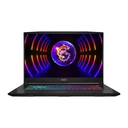 MSI Katana 17 1TB SSD noir, vue de face: écran avec logo dragon MSI et clavier RGB rétroéclairé