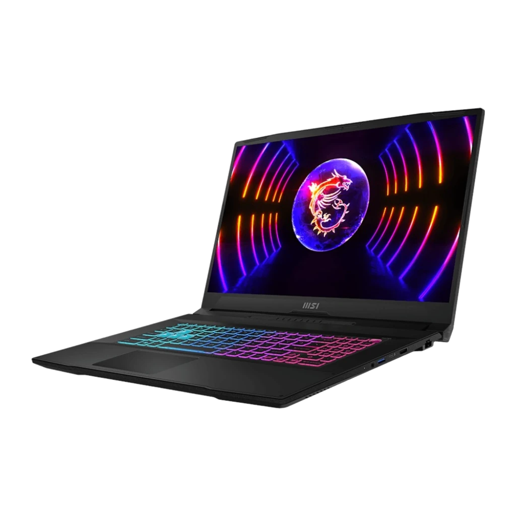 MSI Katana 17 1TB SSD preto, vista frontal: ecrã com logo dragão MSI e teclado RGB iluminado - Item1