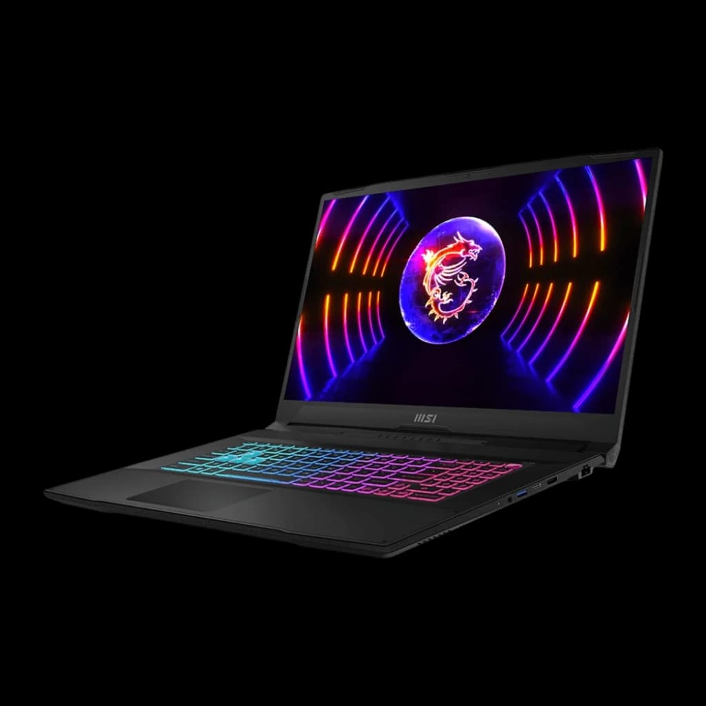 MSI Katana 17 1TB SSD noir, angle avant droit: écran, clavier RGB et ports latéraux visibles