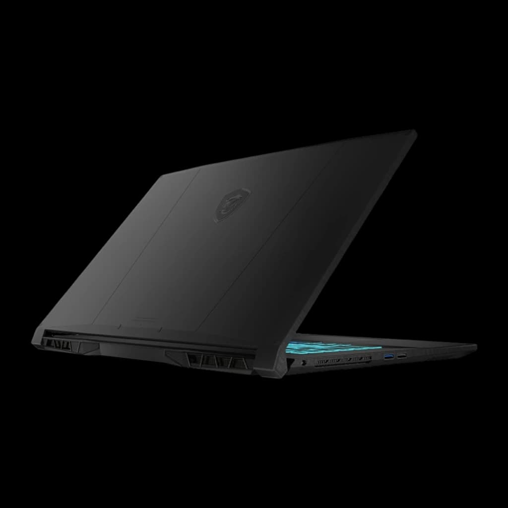 MSI Katana 17 1TB SSD noir, vue arrière en angle: couvercle logo MSI, grilles de ventilation et ports