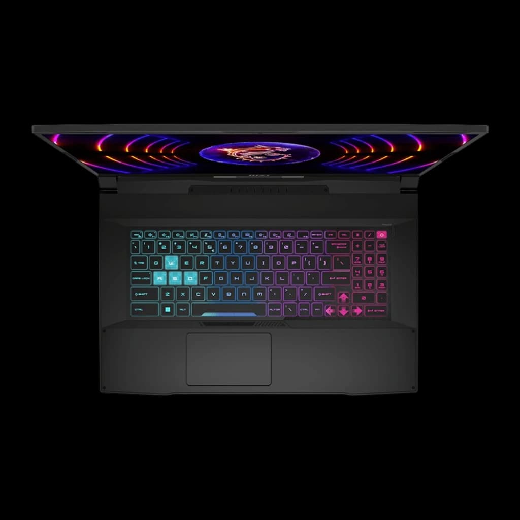 MSI Katana 17 1TB SSD noir, vue du dessus: clavier RGB complet avec touches WASD en surbrillance et écran