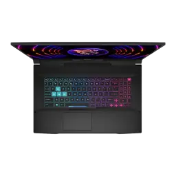 MSI Katana 17 1TB SSD noir, vue du dessus: clavier RGB complet avec touches WASD en surbrillance et écran