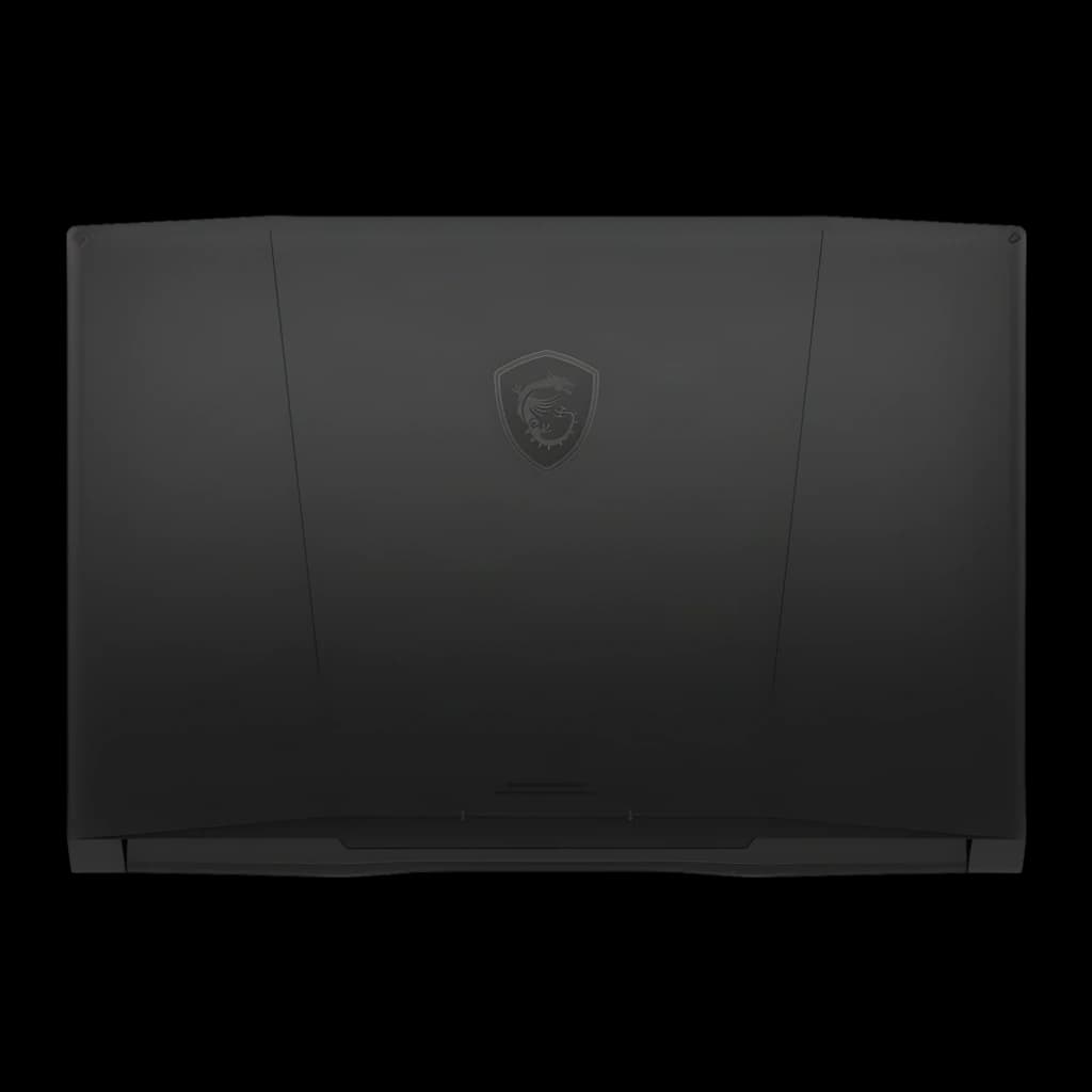 MSI Katana 17 1TB SSD noir, couvercle arrière: logo bouclier MSI centré sur surface mate avec lignes angulaires