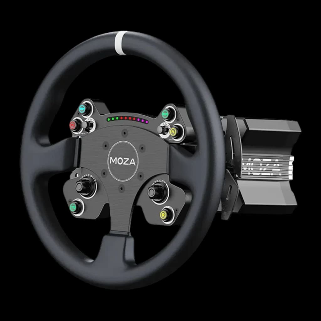 Moza Racing CS V2P Negro, kit ángulo lateral derecho: volante con base de direct drive metálica visible a la derecha