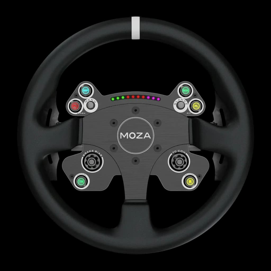 Moza Racing CS V2P Negro, vista frontal: volante redondo negro con botonera RGB, encoders y tira LED central