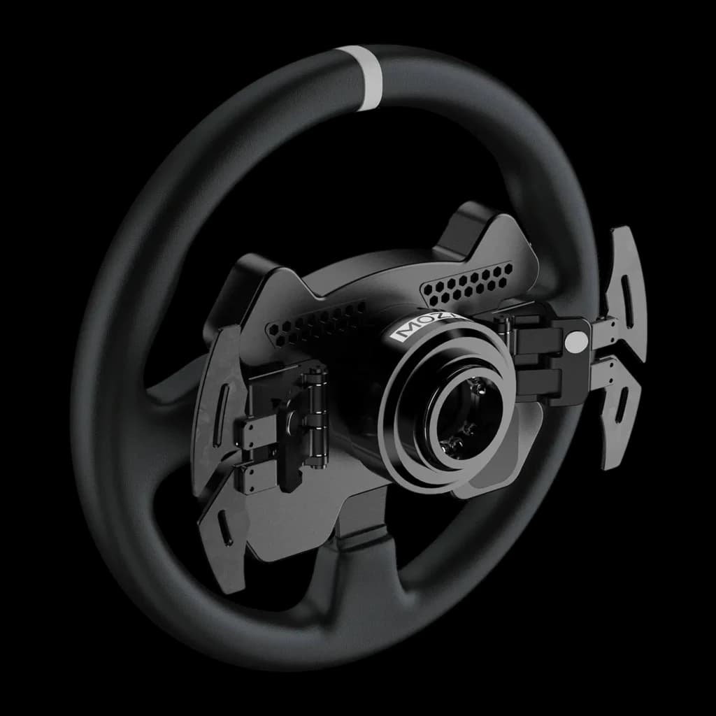 Moza Racing Volante CS V2P negro, vista trasera en ángulo: hub central, levas metálicas y sistema de montaje quick release