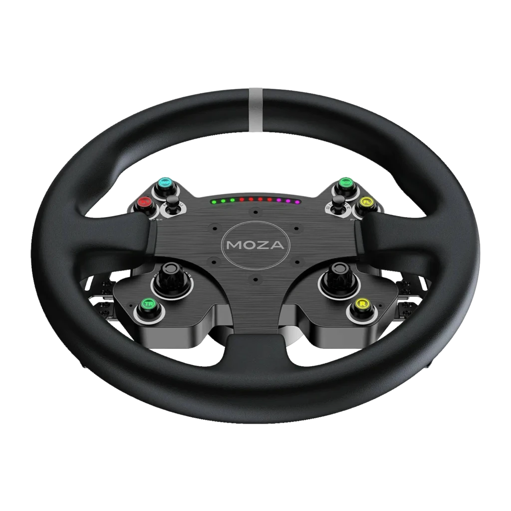 Moza Racing CS V2P Negro, vista frontal: volante redondo negro con botonera RGB, encoders y tira LED central - Ítem3