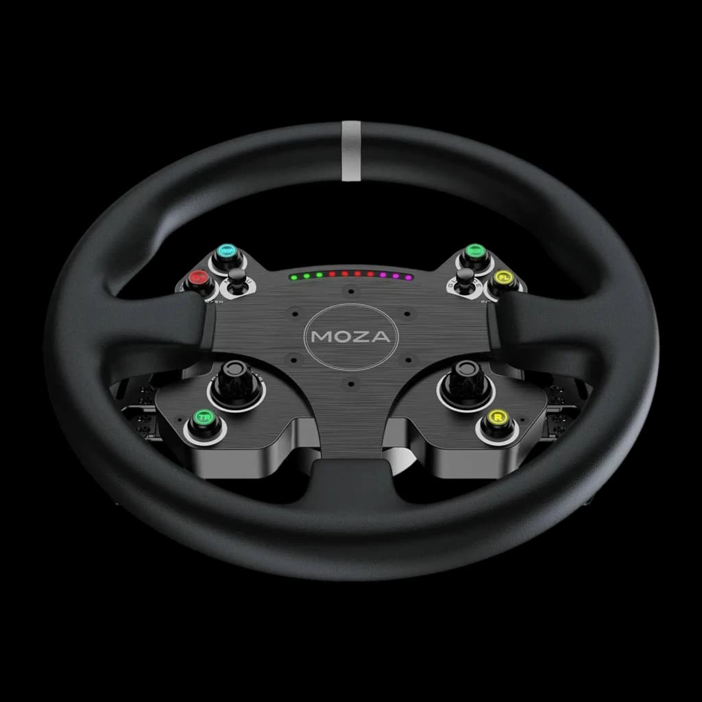 Moza Racing Volante CS V2P Negro, vista frontal: aro de cuero, panel central con logo MOZA, LEDs RGB y botones de colores