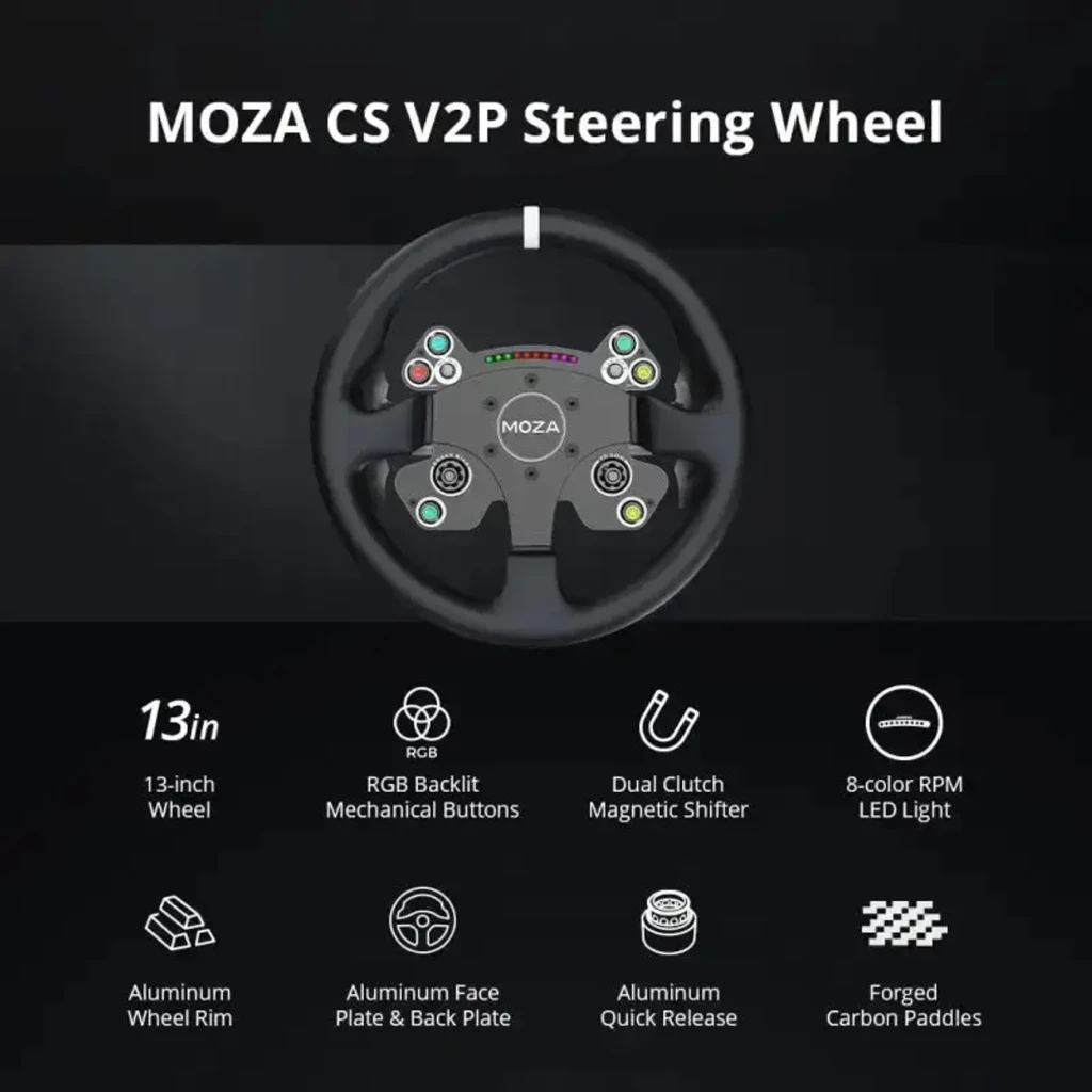 Moza Racing CS V2P Negro, vista frontal: volante redondo negro con botonera RGB, encoders y tira LED central - Ítem4