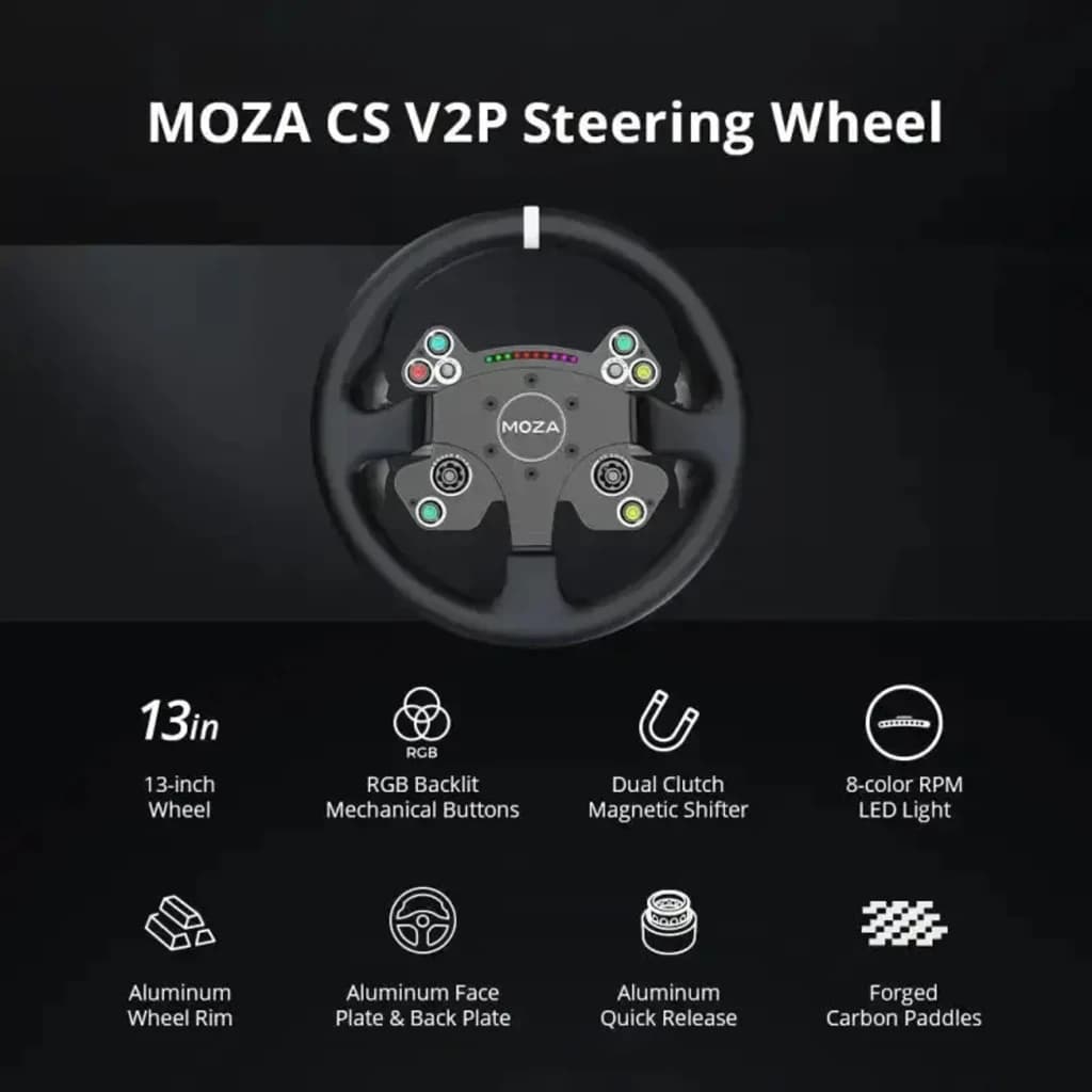 Moza Racing Volante CS V2P Negro, infografía: vista frontal con botones RGB, LEDs RPM y especificaciones técnicas