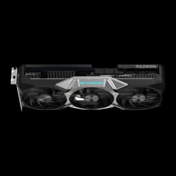 Acer Predator BiFrost Radeon RX 9070 OC 16GB gris, vue avant à plat: triple ventilateur centré, logo Radeon en coin