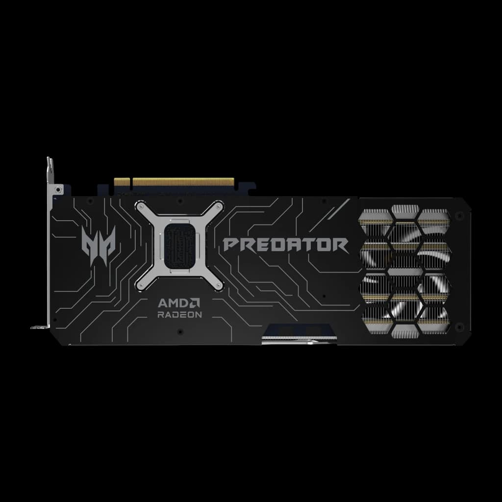 Acer Predator BiFrost Radeon RX 9070 OC 16GB noir, vue arrière à plat: backplate avec logo Predator, inscription AMD Radeon